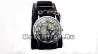 Часы наручные с двухяурсной цепью и изображением мультяшного скелета (черный кожаный ремешок)